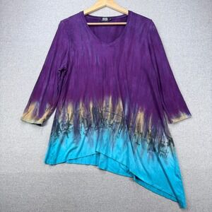 Art of Cloth Tunic Top Womens L Purple Teal Tie Dye Asymmetrical Lagenlook Artsy
